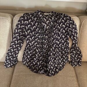 Maeve for Anthropologie Purple and White Tuxedo Ruffle Blouse